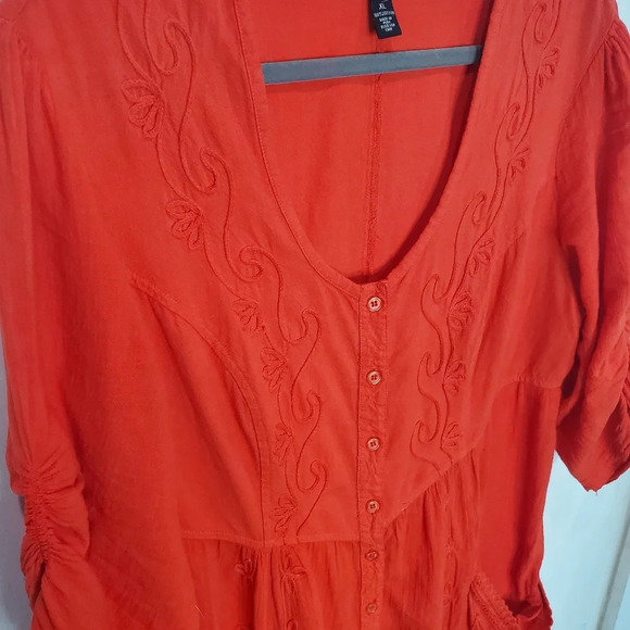 Gretty Fueger Boho Embroidered Crinkle Fire Red Dress Sz XL - Picture 10 of 12